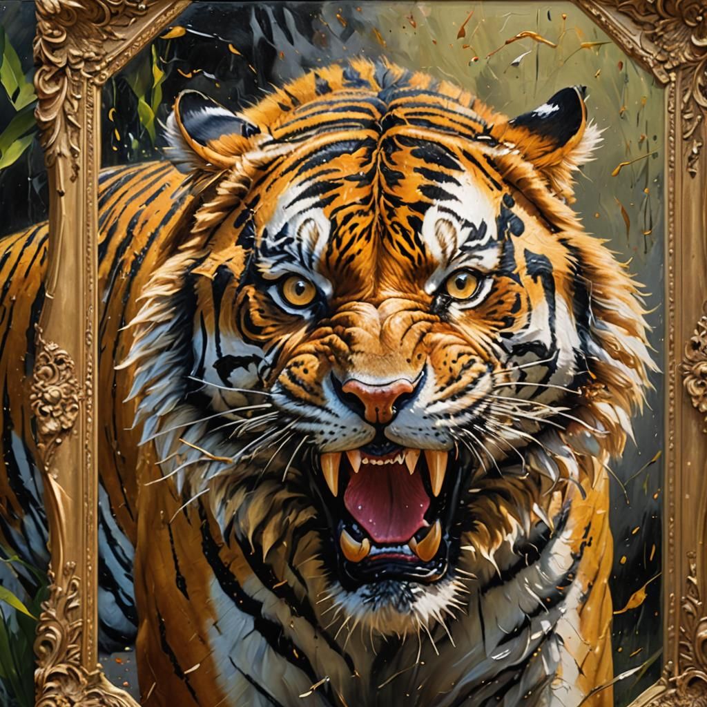 Ornate Tiger Bursting from Frame as Oil Painting