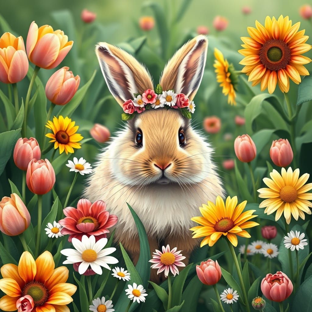 Rabbit in Flower Garden, Whimsical Digital Art