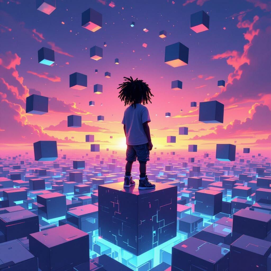 Boy on Cube in Escher-Inspired Surreal Landscape