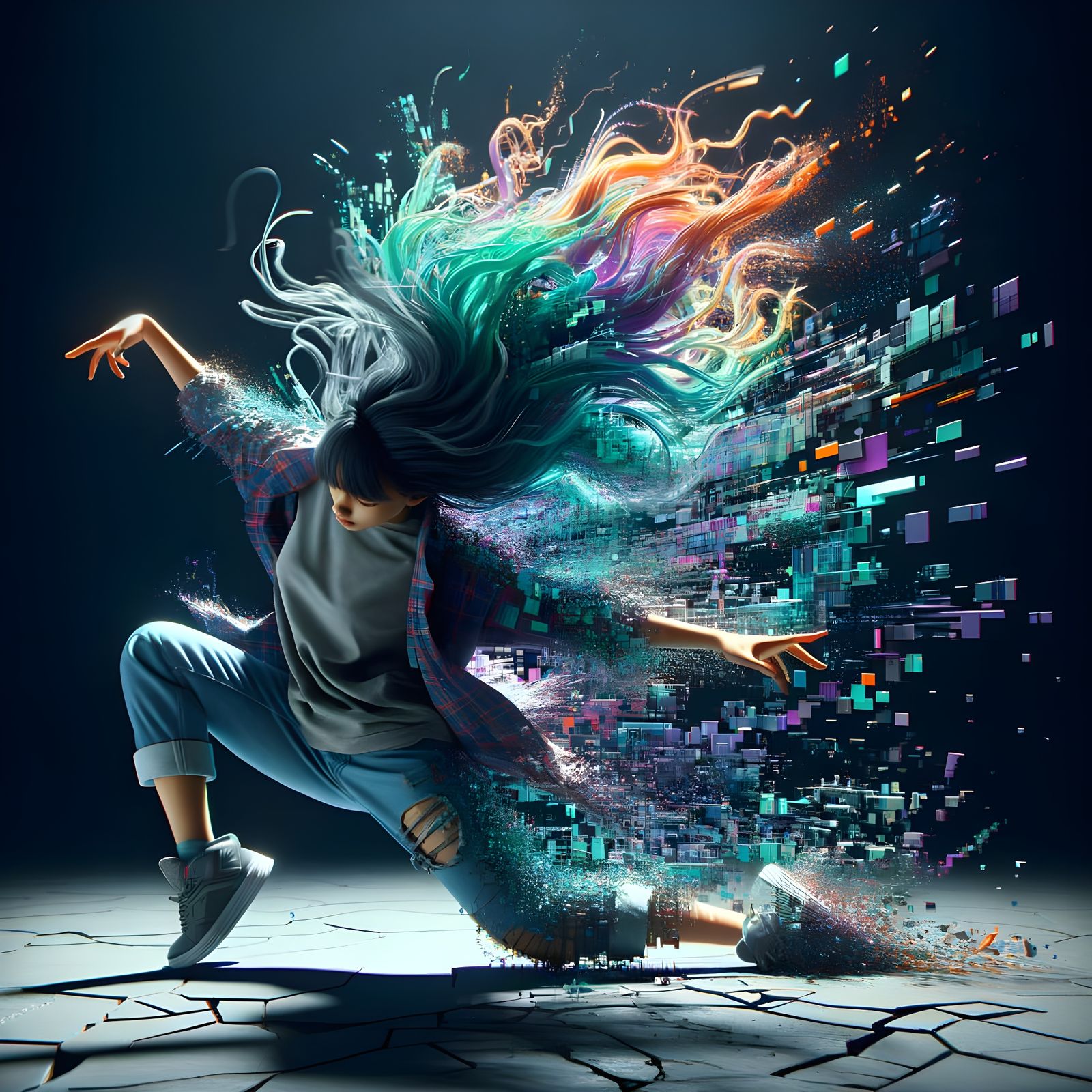 Hyper-Realistic 3D Breakdance Girl in Digital Glitch
