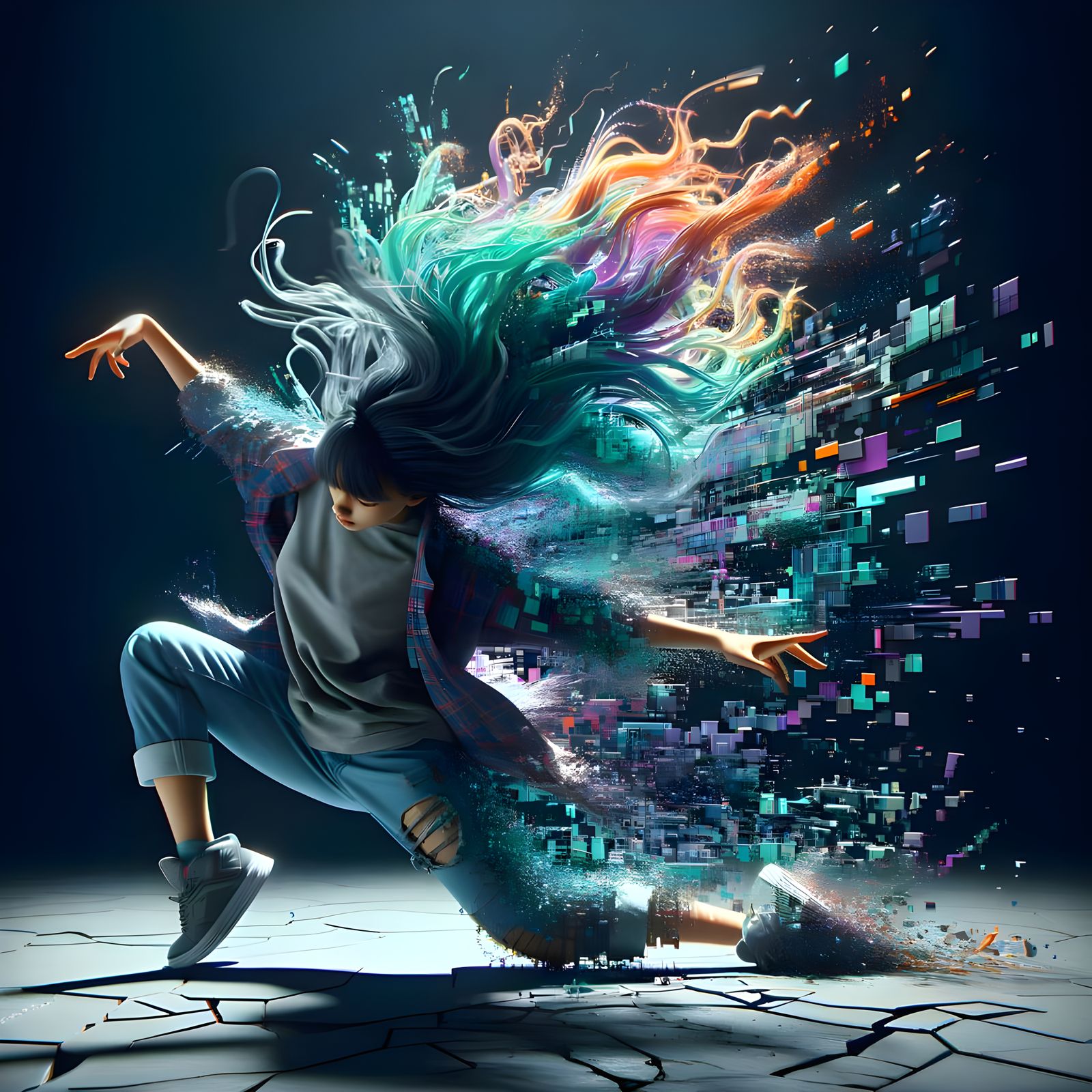 Hyper-Realistic 3D Breakdance Girl in Digital Glitch