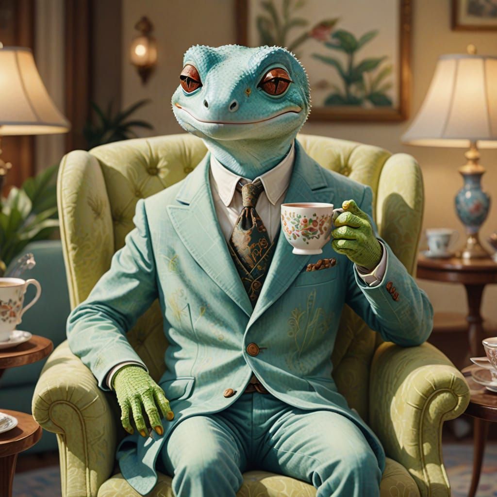 Anthropomorphic Gecko Sipping Tea: Whimsical Illustration