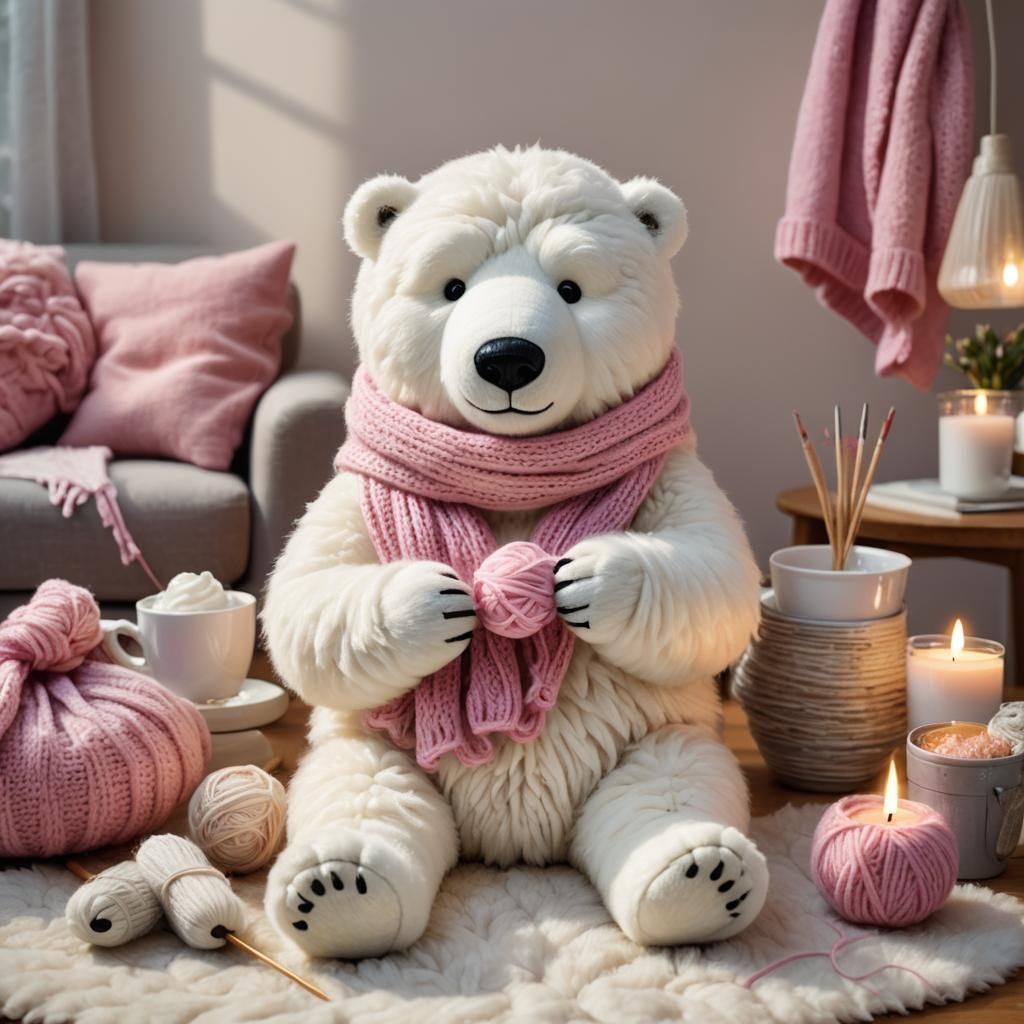 Cozy Ice Bear Knitting a Scarf Indoors
