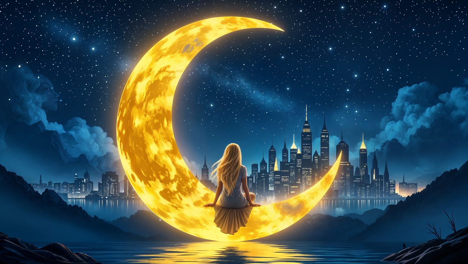 Goddess of Moonlit Metropolis in Vibrant Digital Painting