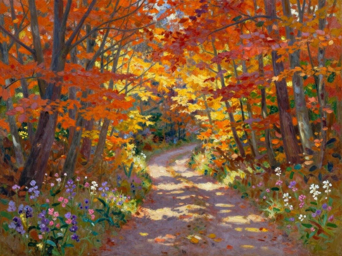 Serene Autumn Forest Path in Tempera Paint Style
