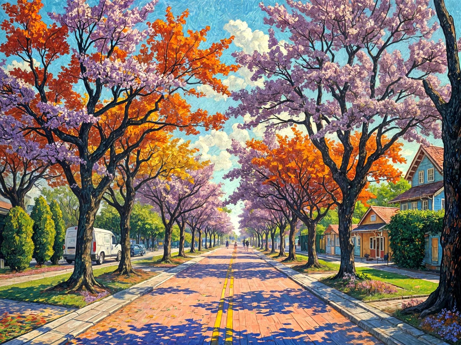 Jacaranda and Flame Trees in Post-Impressionist Style