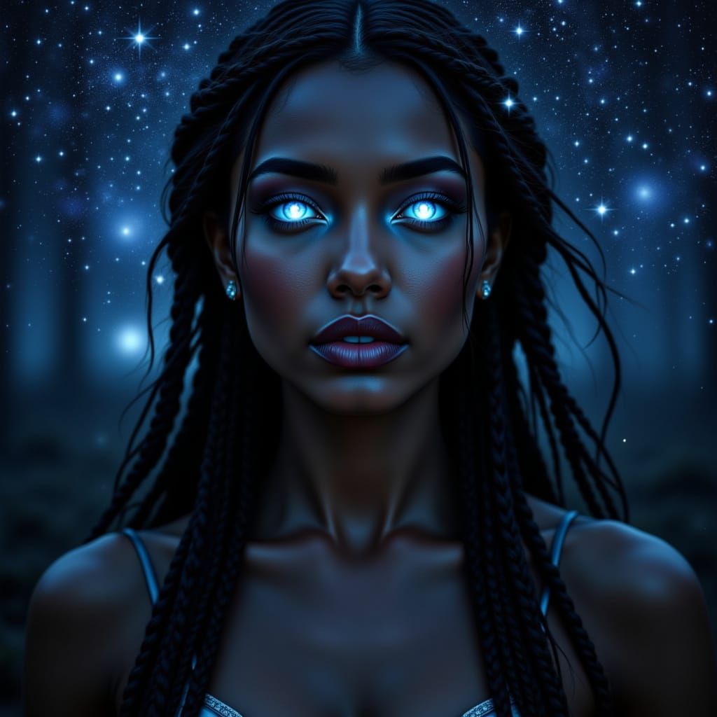 Night Goddess of Stars with Blue Eyes in Ethereal Fantasy Ar...