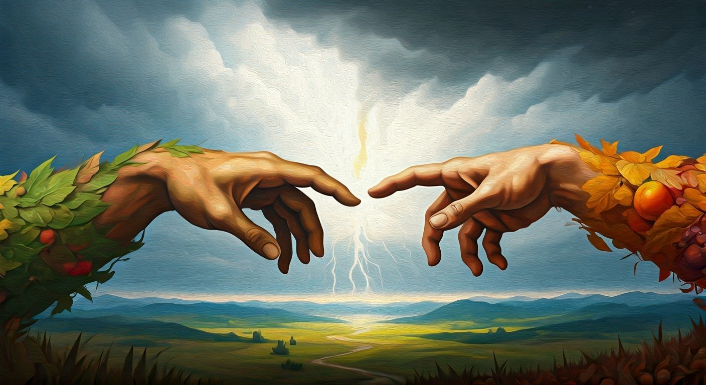 Autumn and Summer Hands Collide in Stormy Sky