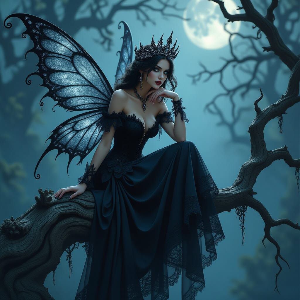 Gothic Fairy Queen on Ancient Tree in Moonlit Forest