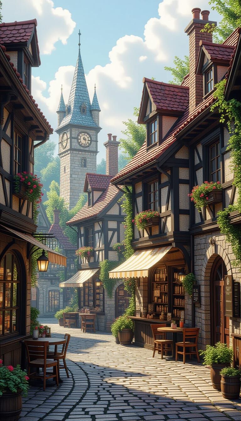 Fantasy Town with Potion Shops in Art Nouveau Style