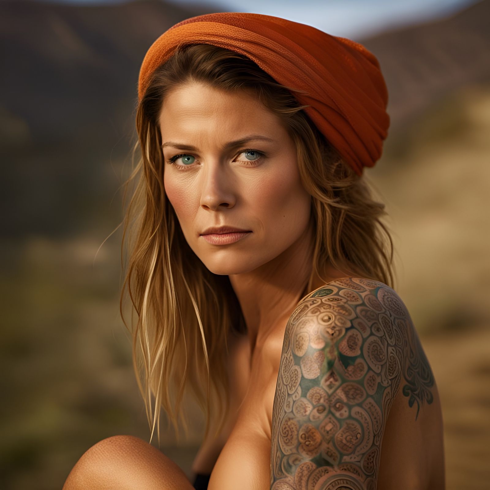 Woman on Hill Portrait with Tattoos, Professional Photograph...