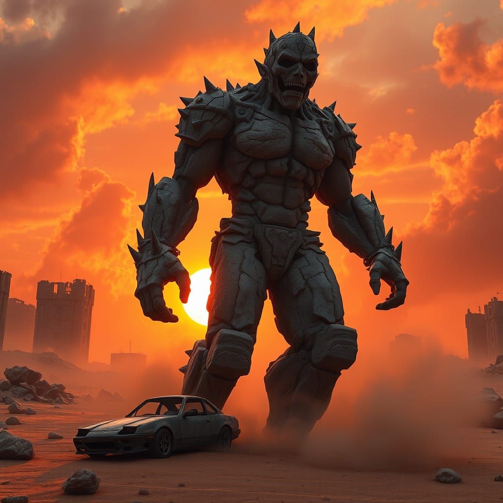 Rock Golem Stands Amidst Desert Ruins at Sunset