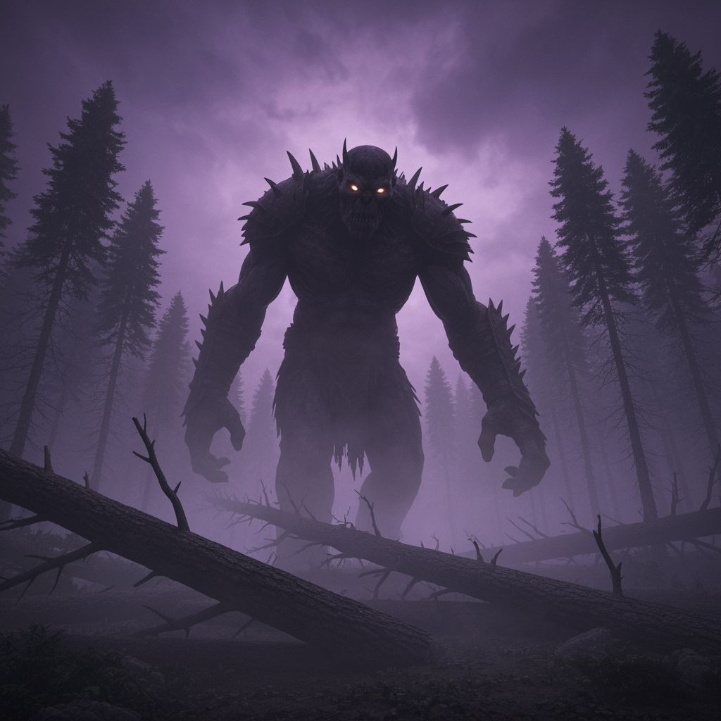 Antlered Shadow Giant Emerges from Bioluminescent Forest