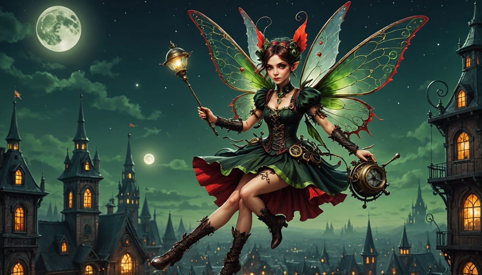 Steampunk Pixie Fairy Flying at Night