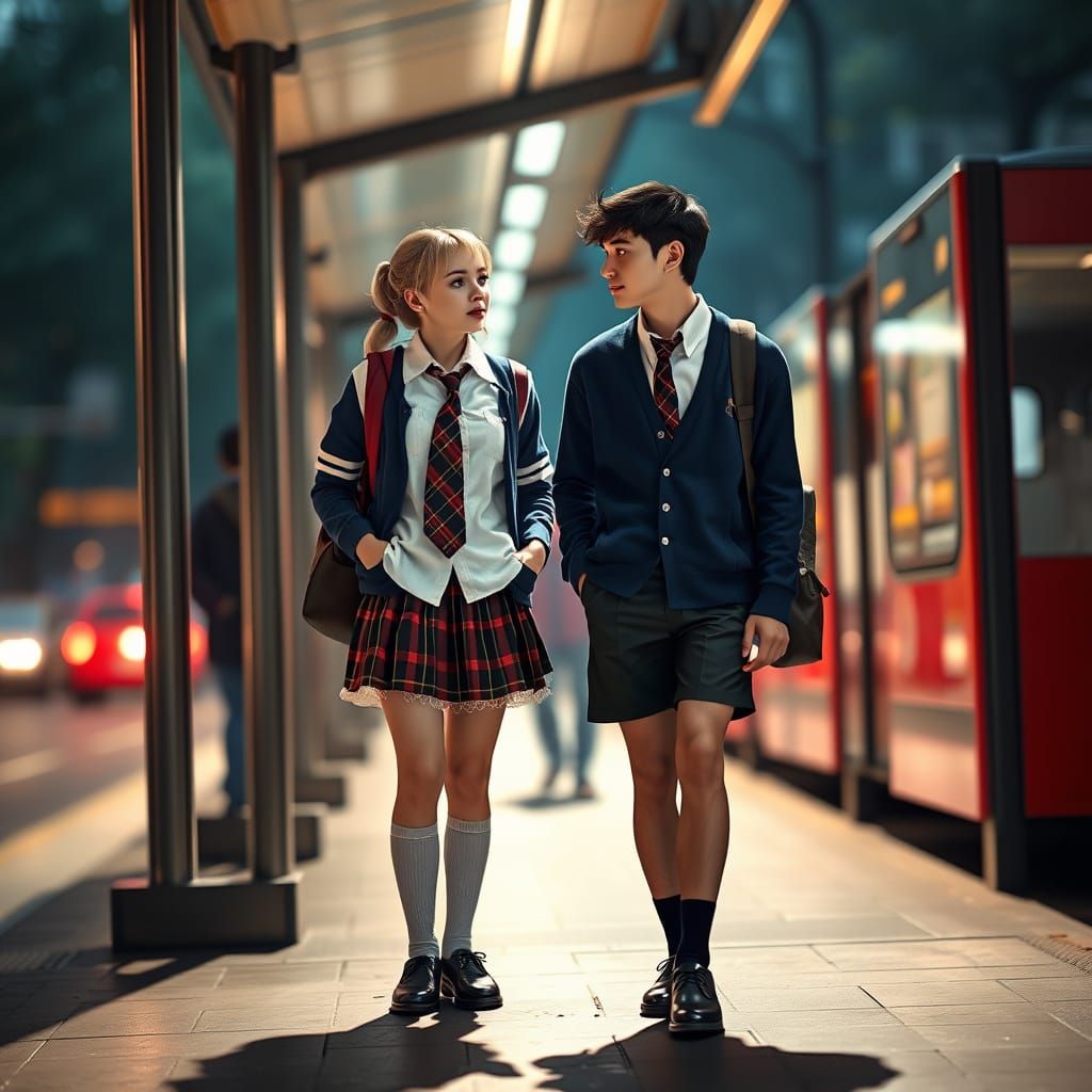 Masculine Adult in Feminine School Uniform Engages in Conver...