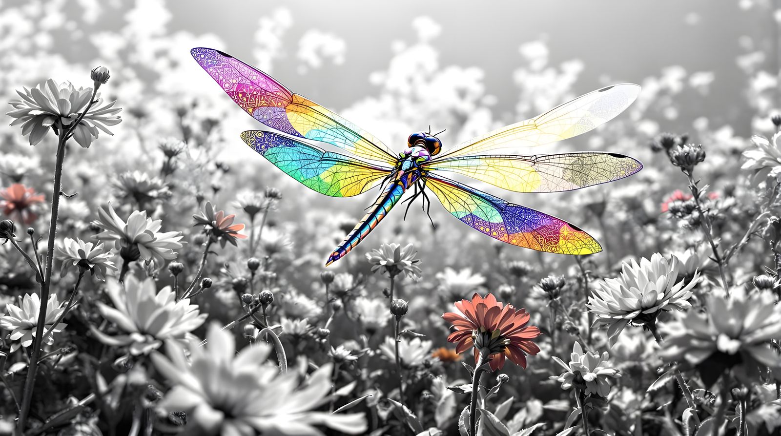 Vibrant Psychedelic Dragonfly Soars Through Monochrome Bloom
