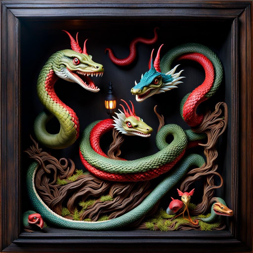 Whimsical Lindworm Diorama in Folk Art Style