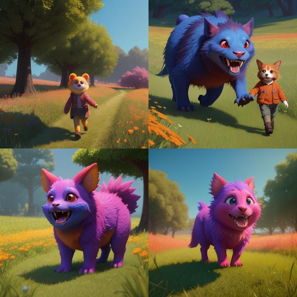 Adorable Monster Walk in Meadow, 3D Digital Art