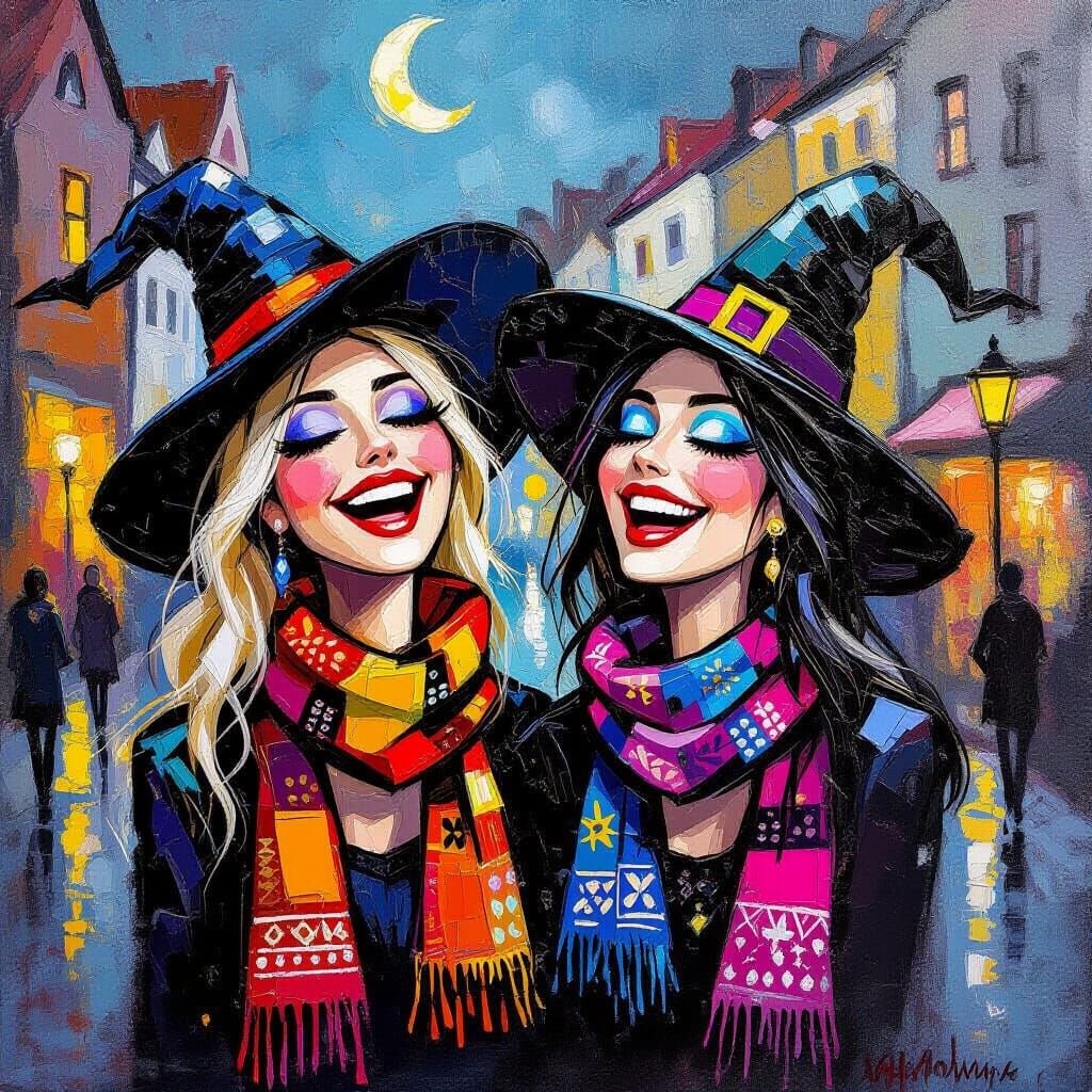 Witches Gathering in Sugarpunk Impasto Style