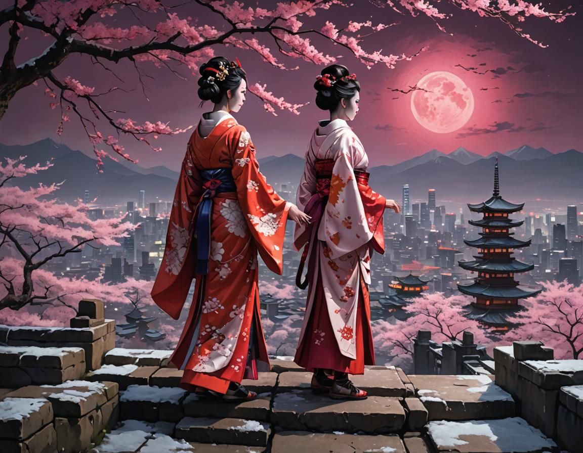 Dystopian Feudal Japan: Geisha in Neon Cityscape