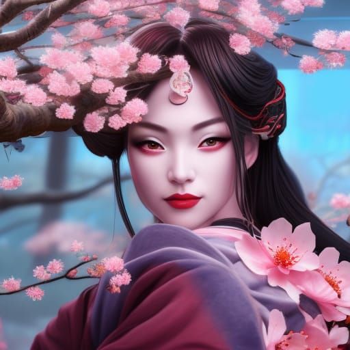 Geisha with Cherry Blossoms: Detailed Matte Painting