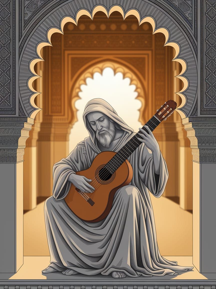 A serene and wise figure sits on an arch in a Moorish palace...