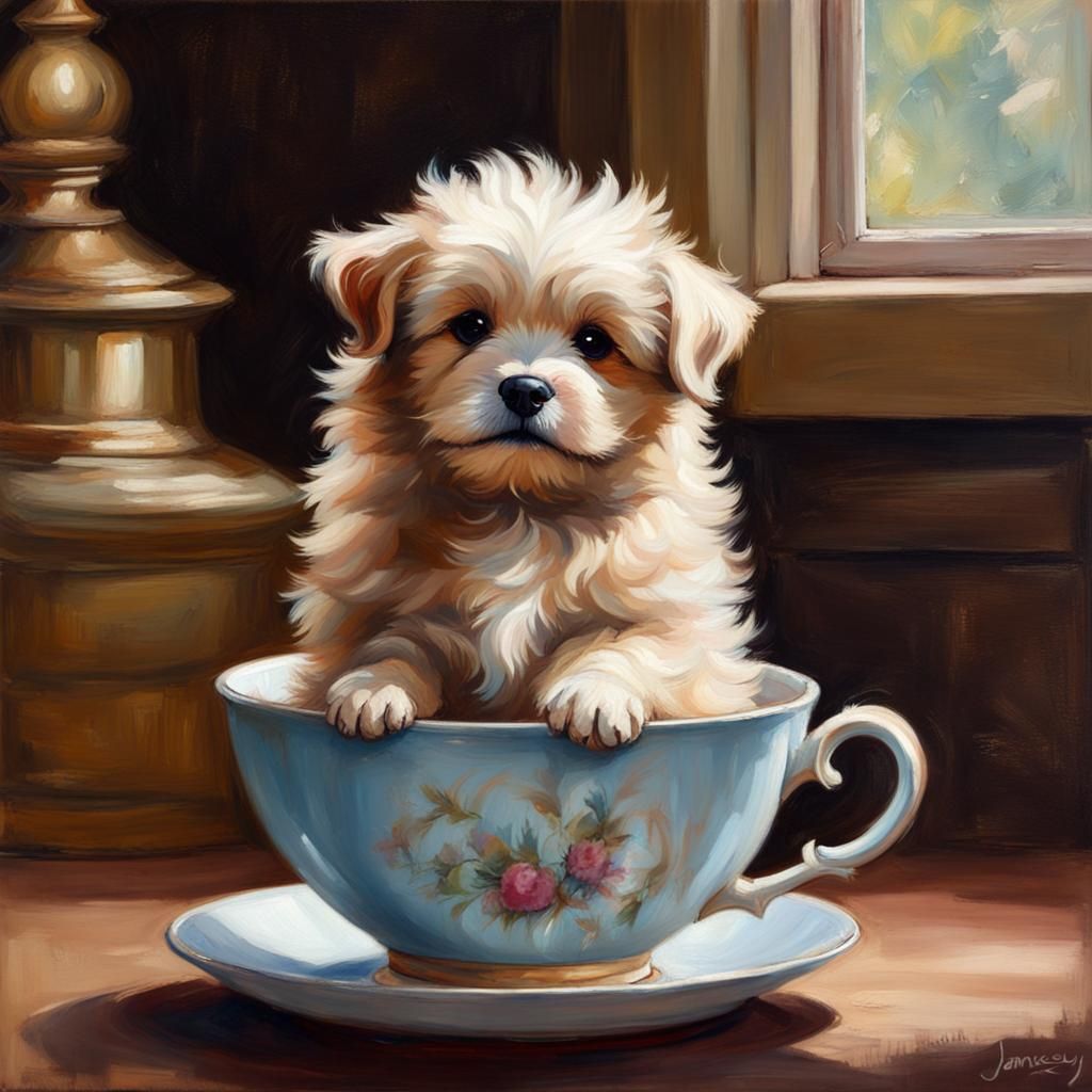 Fluffy Puppy in Teacup: Oil Painting