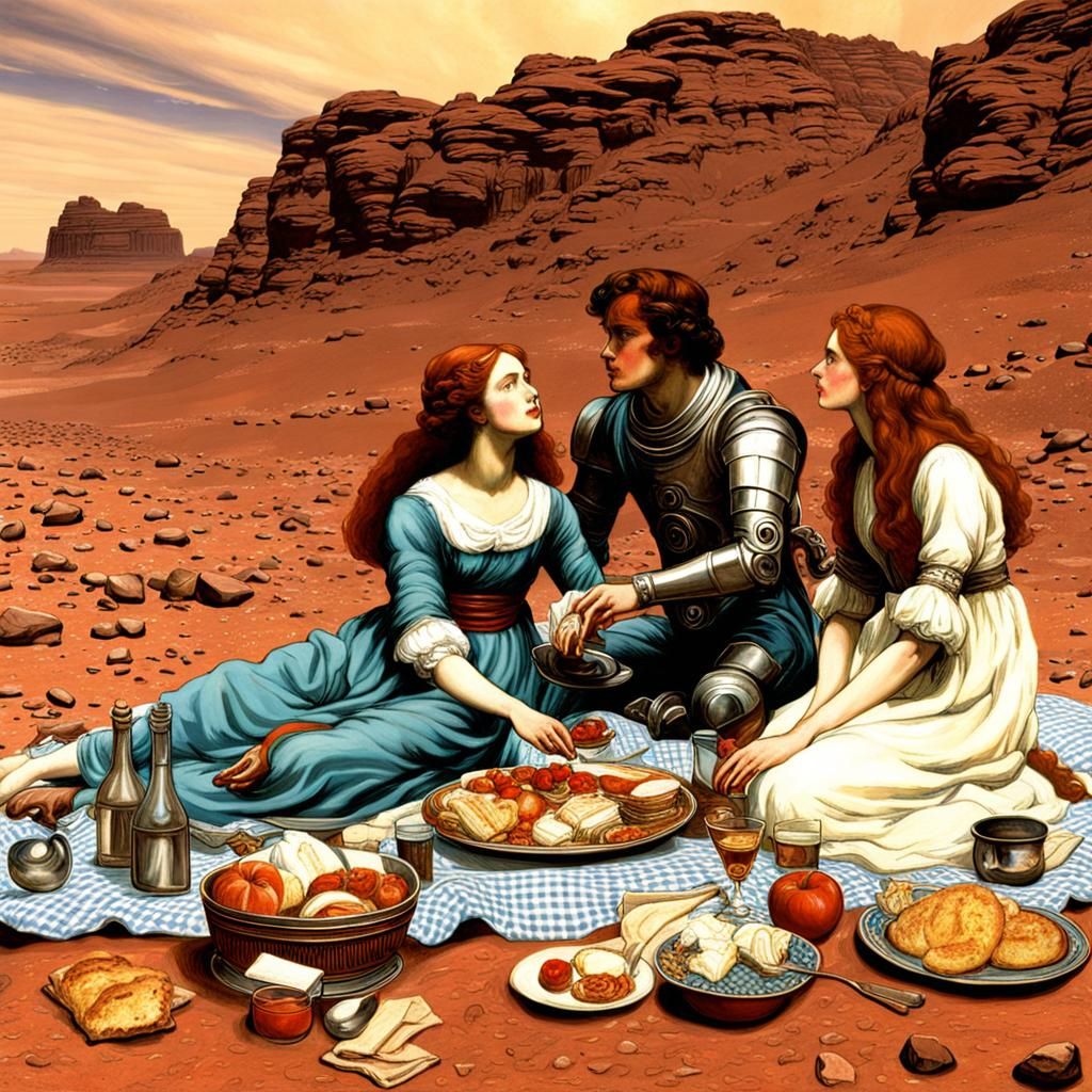 A romantic picnic on Mars. pre-raphaelitism spacecore