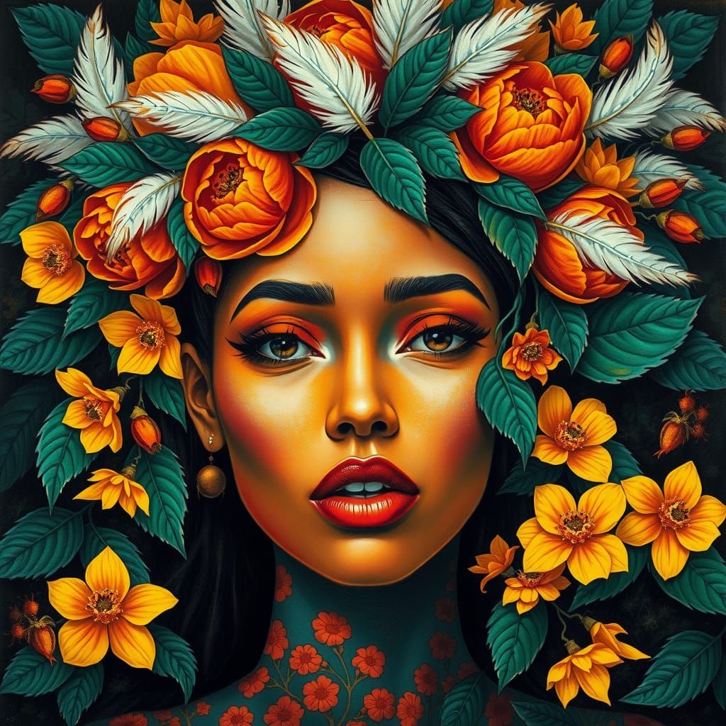 Botanical Woman Portrait in Expressionist Style