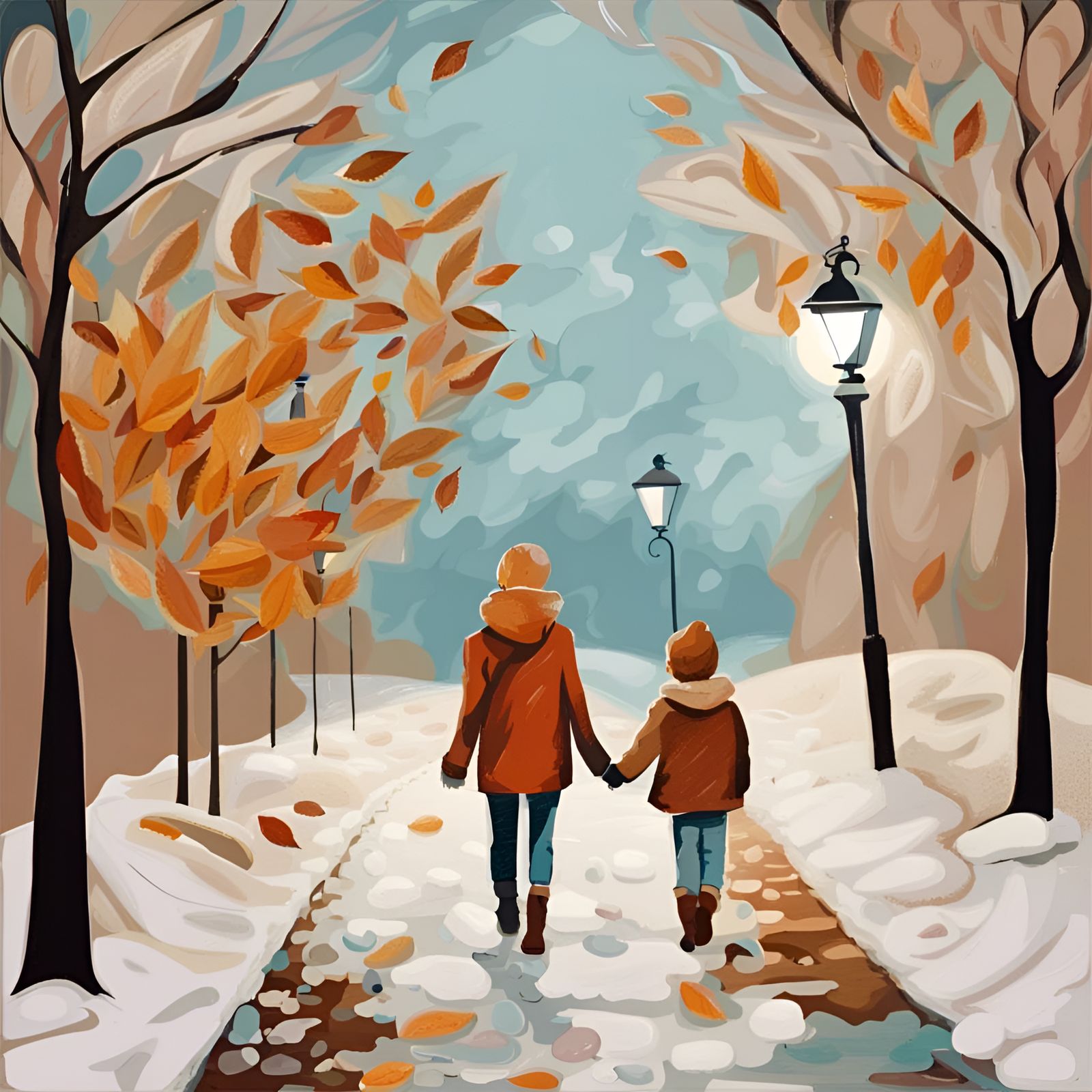 Mother and Son Stroll: Abstract Art Scene