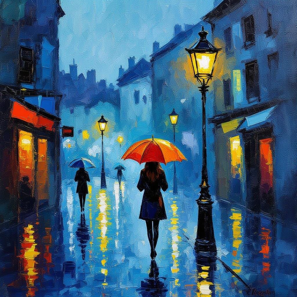 Rainy Street Scene with Glowing Lamp Post in Vibrant Impress...