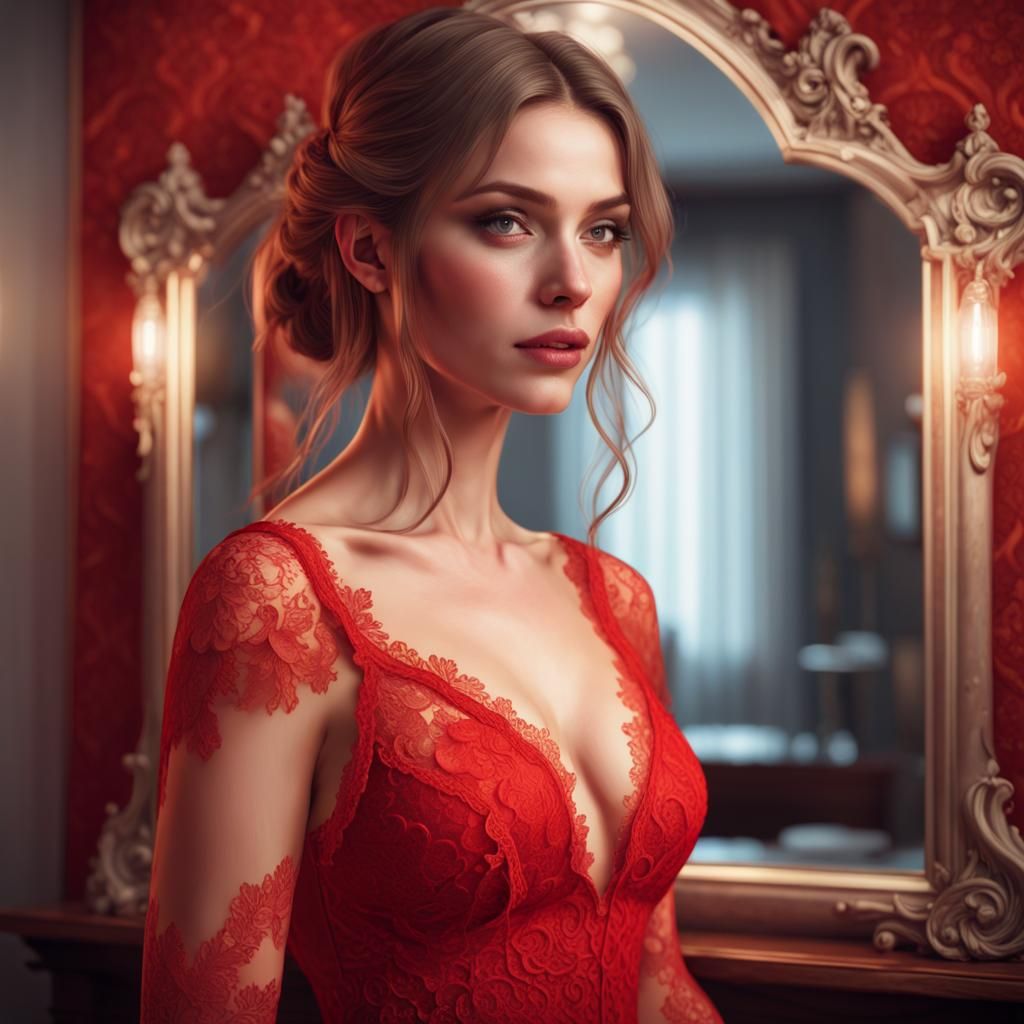 Woman in Red Lace Dress, Detailed Portrait