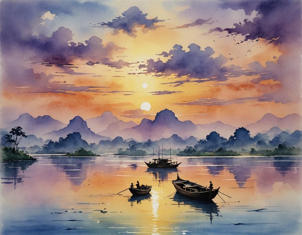 Vietnamese Fishing Boat Sunset in Chinese Ink Style