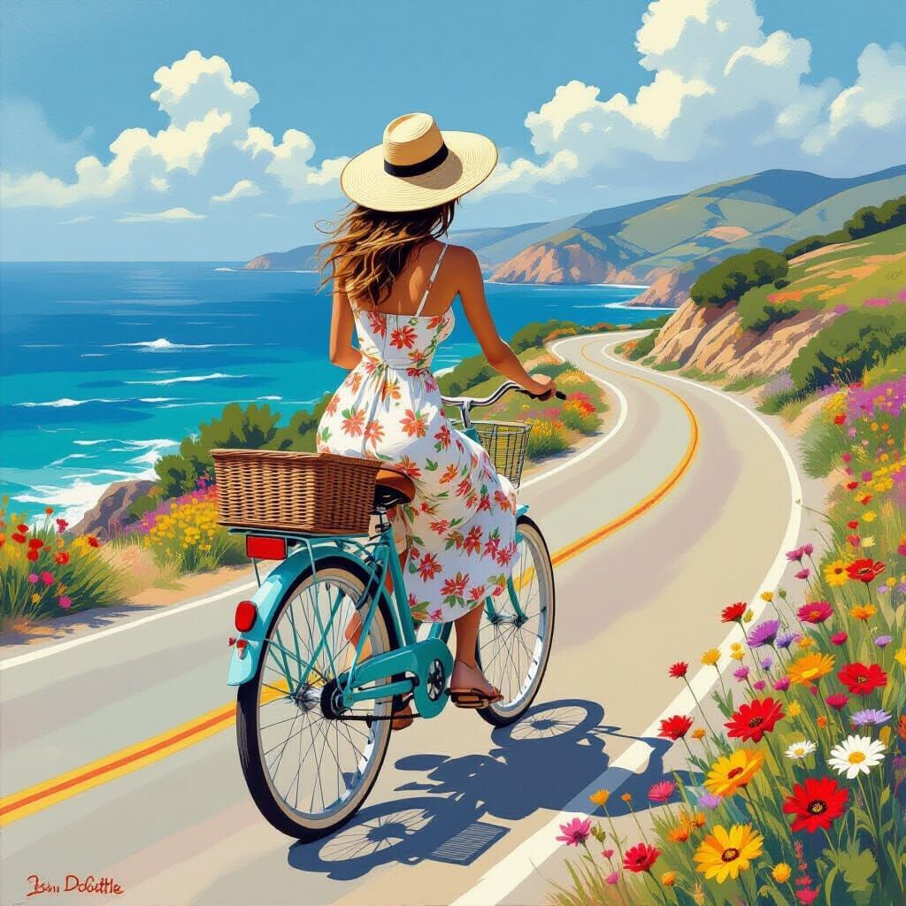 Woman on Bicycle in Wildflower Coastal Landscape