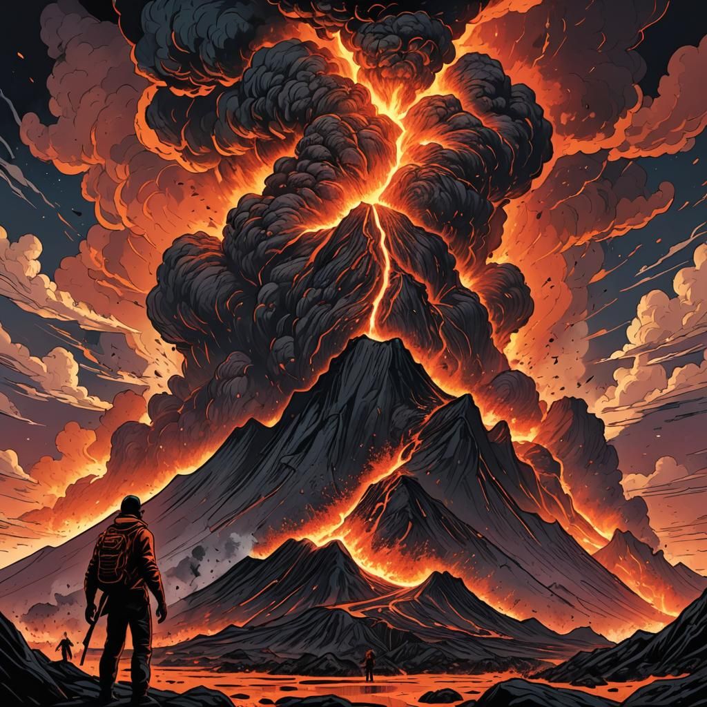 Erupting Volcanoes at Night in Comic Book Style