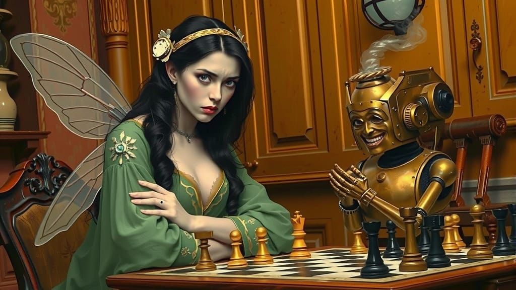 Fairy and Robot Chess Match in Victorian Setting