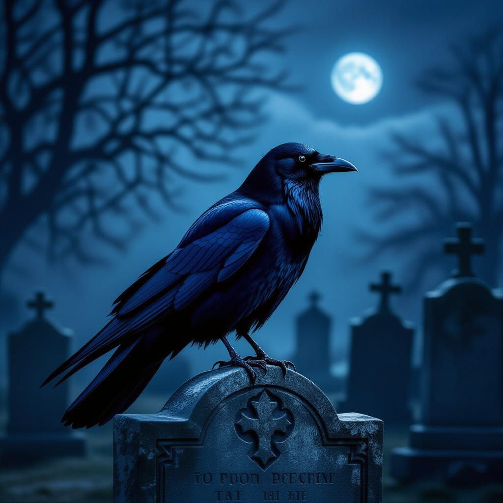 Gothic Black Crow on Tombstone at Midnight
