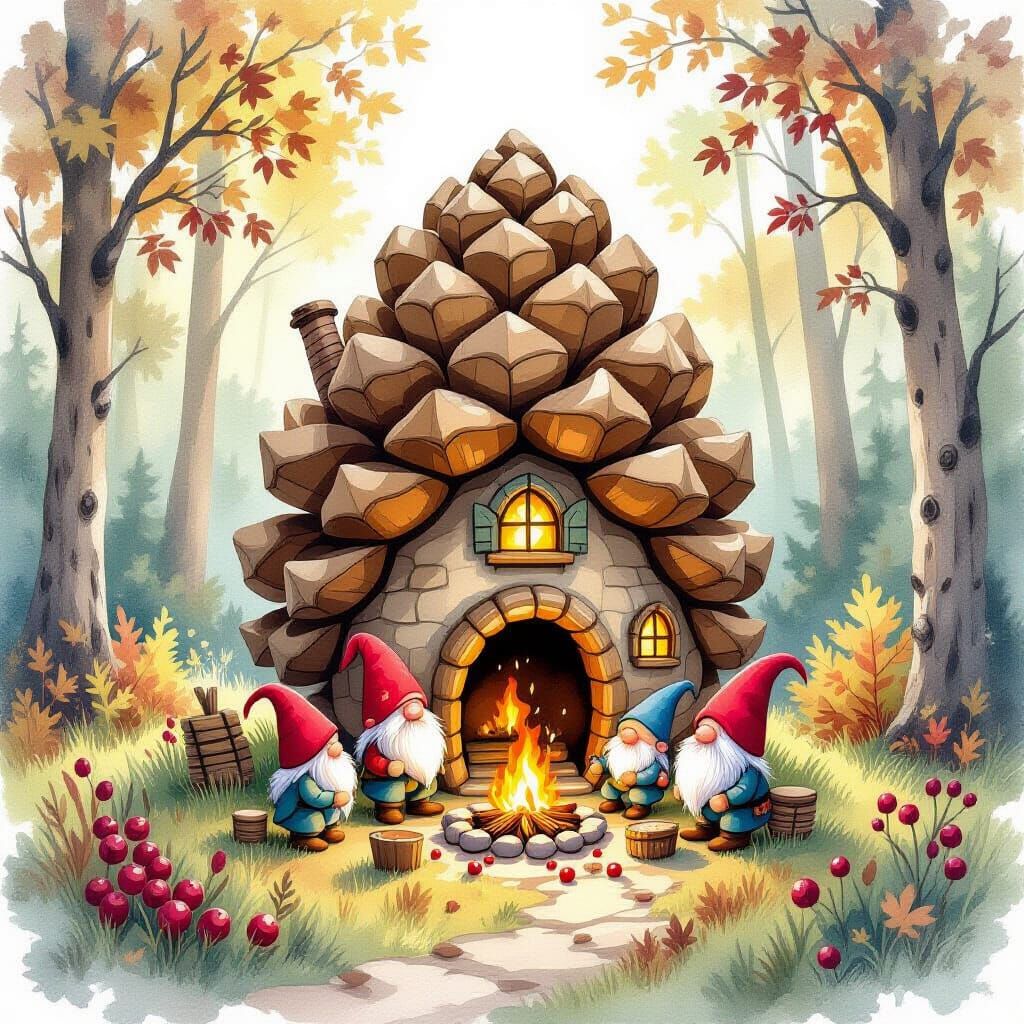 Gnome Village Inside Pinecone: Watercolor Fantasy Art
