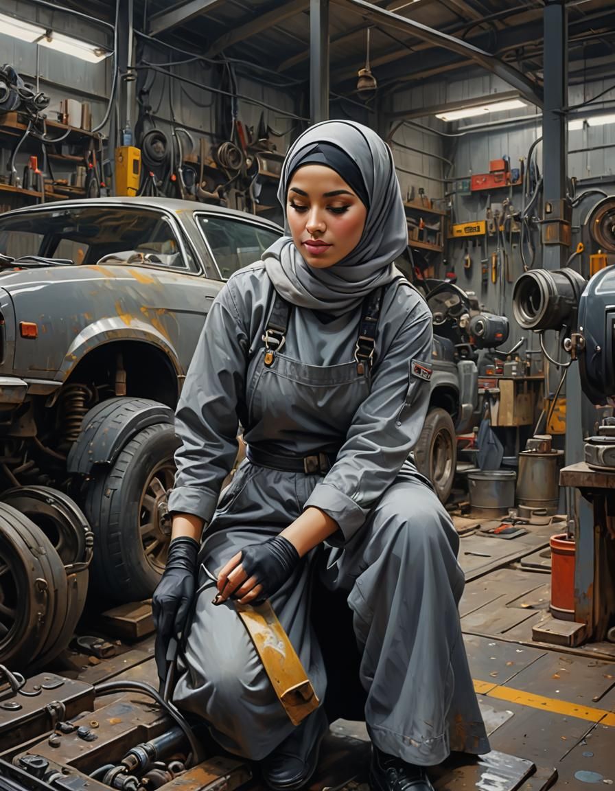 Curvy Hijabi Woman Repairs Car as Oil Painting