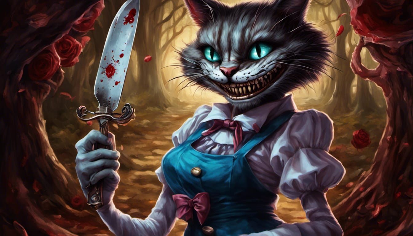 Macabre Alice-Cheshire Cat Hybrid with Bloody Knife