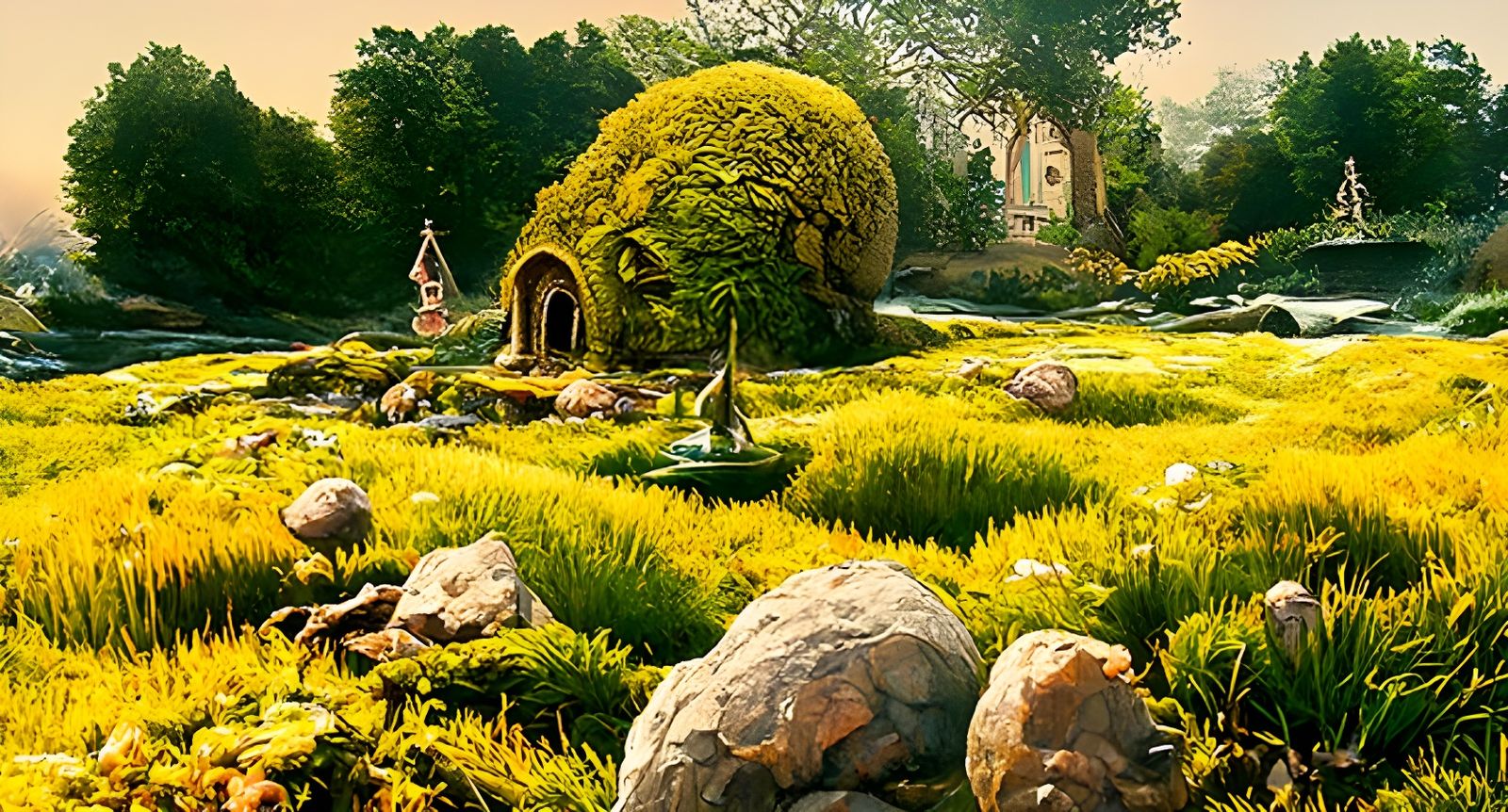 Magical Fairy Village Street Scene with Pond