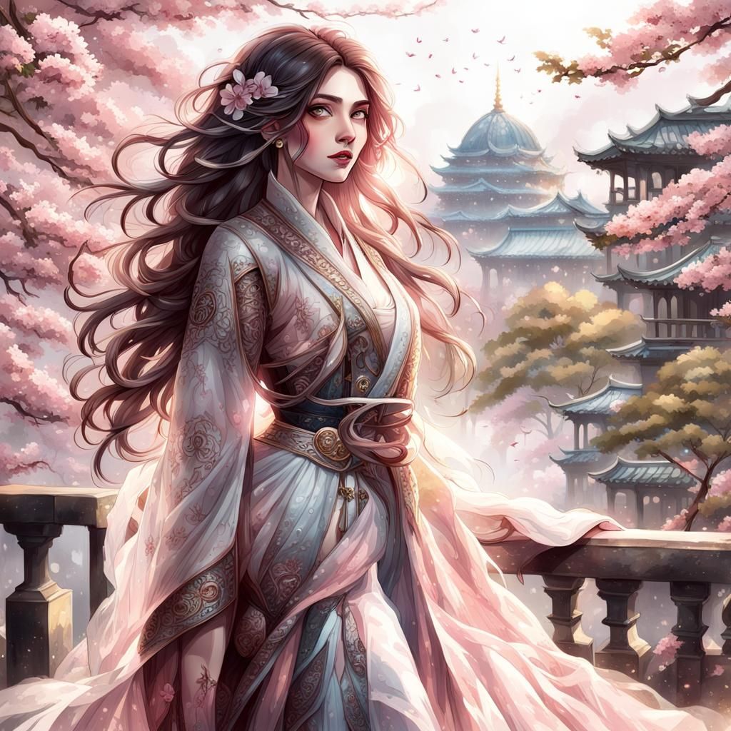 Woman with Cherry Blossoms on Balcony