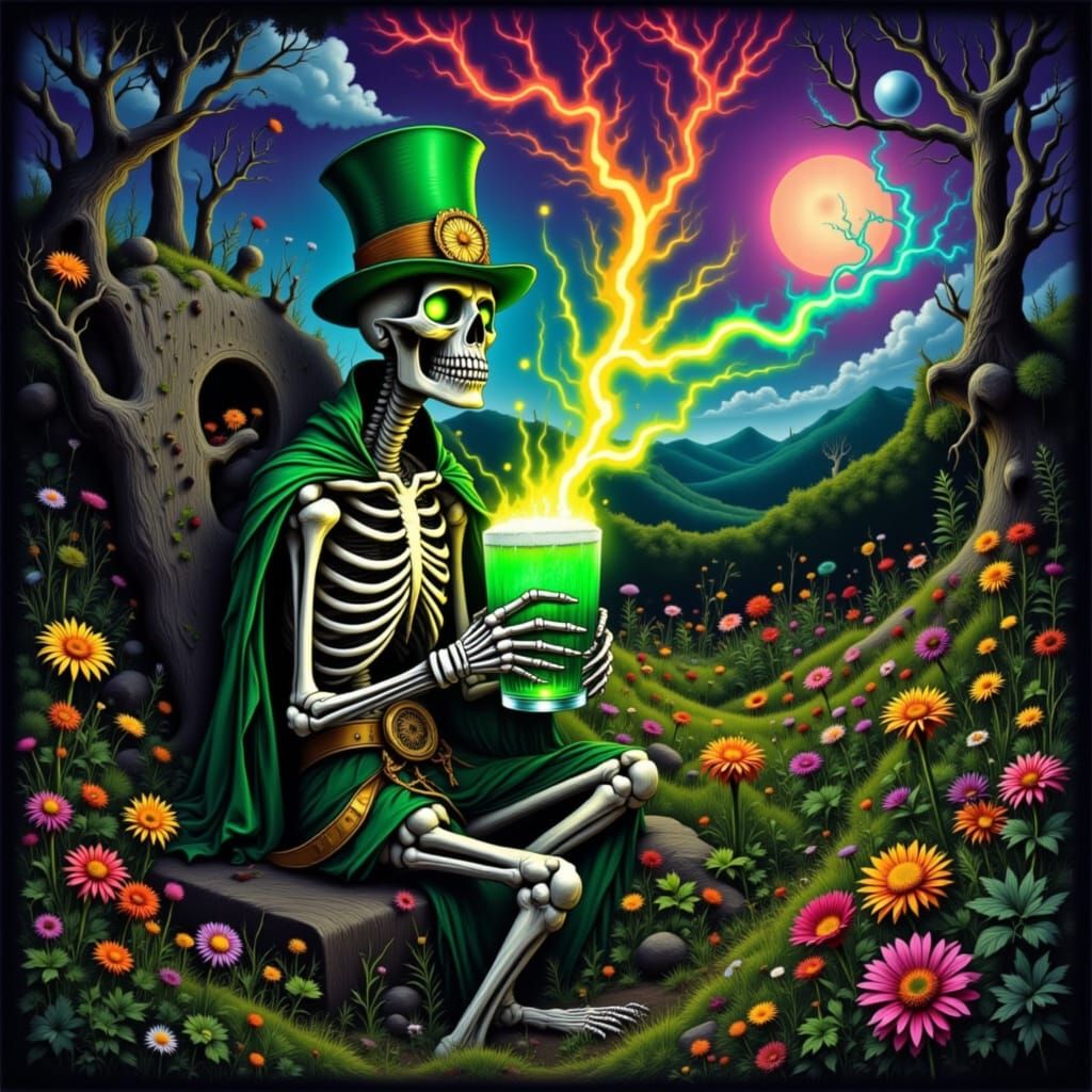 A skeleton with a green hat is holding a glowing drink.