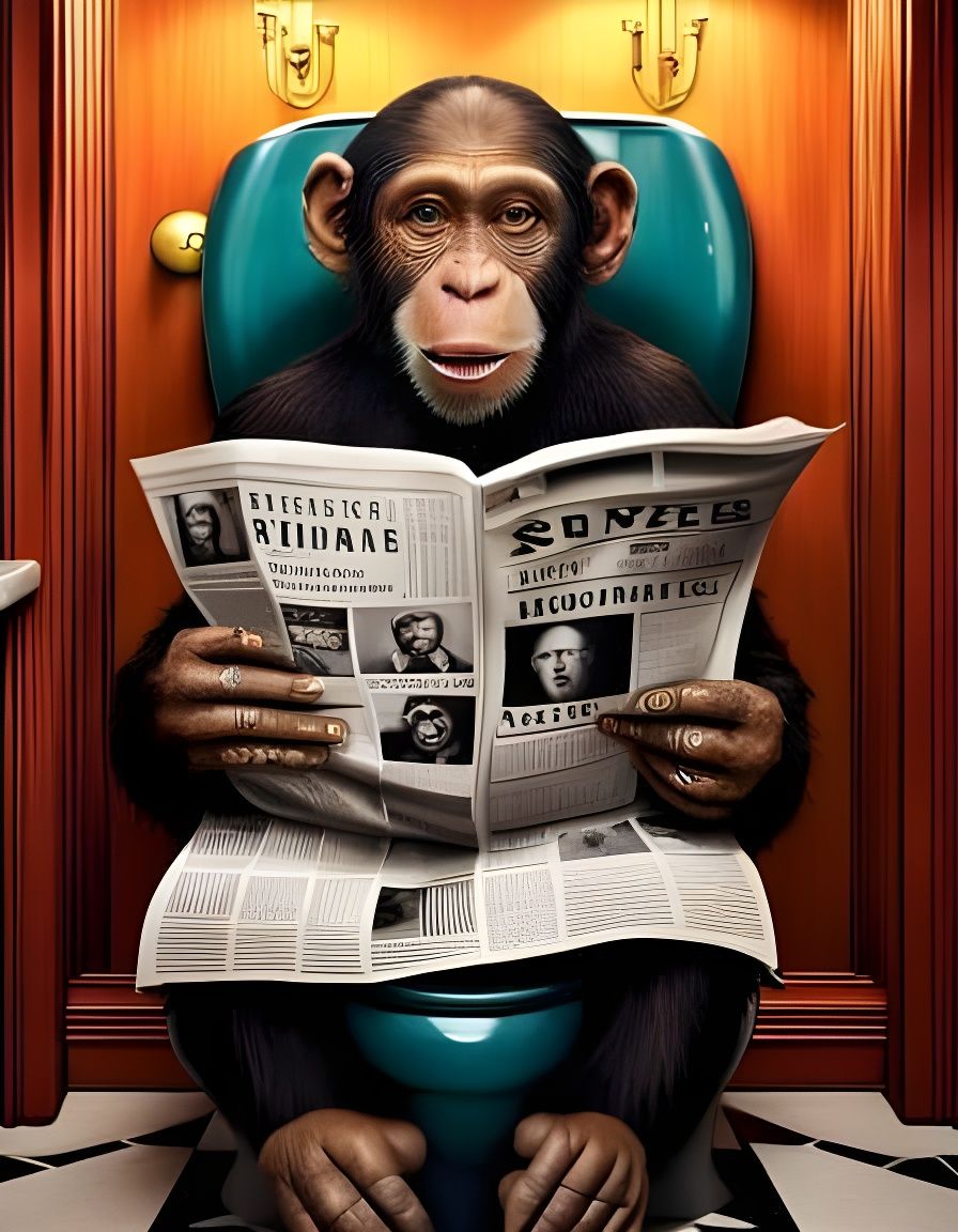 Hyperrealistic Chimpanzee Reading Newspaper in Bathroom