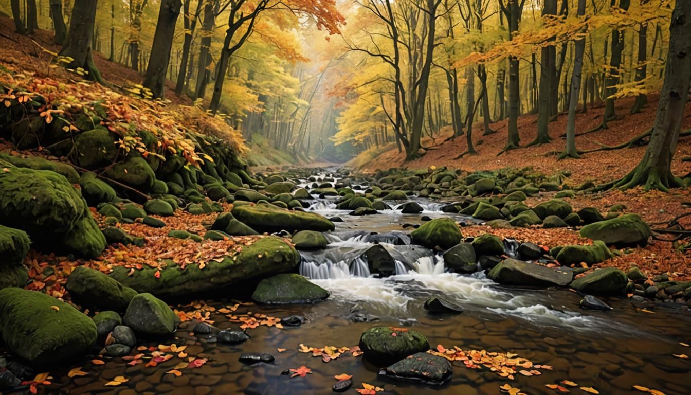 Autumn Forest Scene with Fallen Leaves