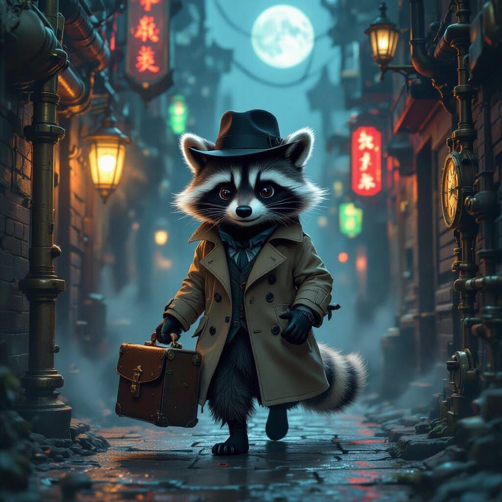 Steampunk Raccoon in Moonlit Alleyway: Art Deco Film Noir