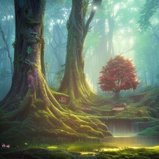 Enchanted Autumn Forest with Whimsical Cottage, Anime Style