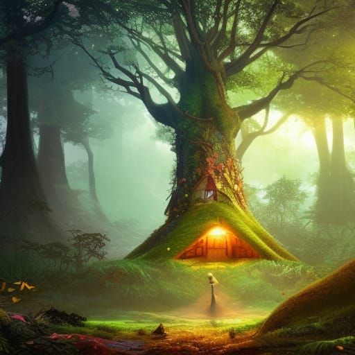 Whimsical Fairy Cottage in Autumn Forest, Anime Style