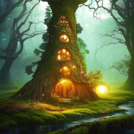 Whimsical Fairy Cottage in Autumn Forest, Anime Style