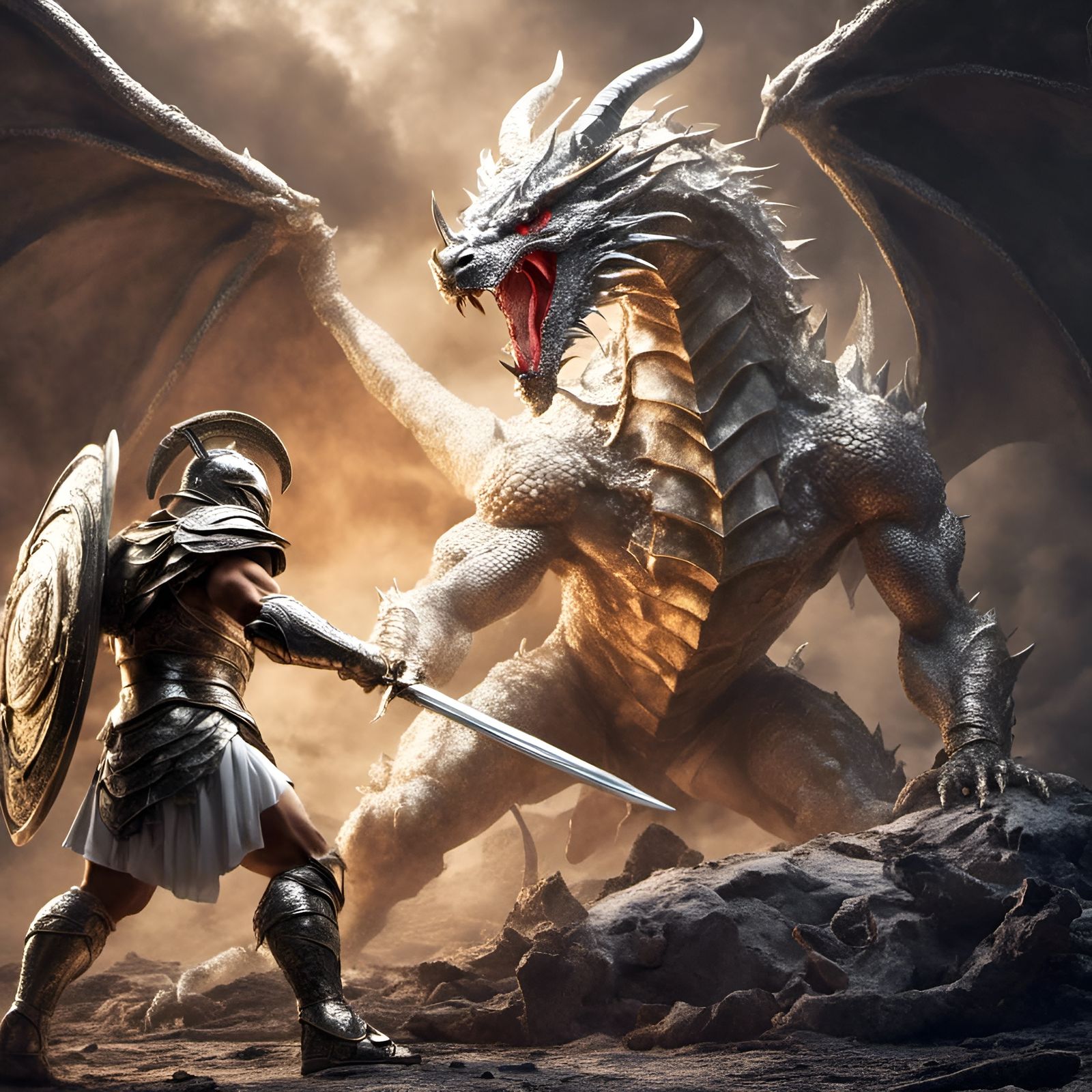 Gladiator fighting wild dragon.